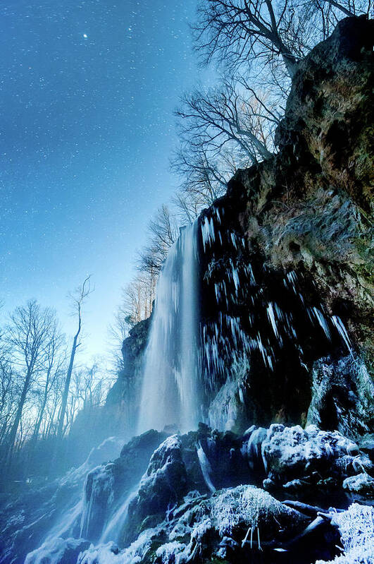 Waterfall Poster featuring the photograph Winter Night Mist by Jon Beard
