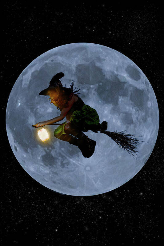 Lantern Poster featuring the photograph Witch flying at full moon. by Maggie Mccall