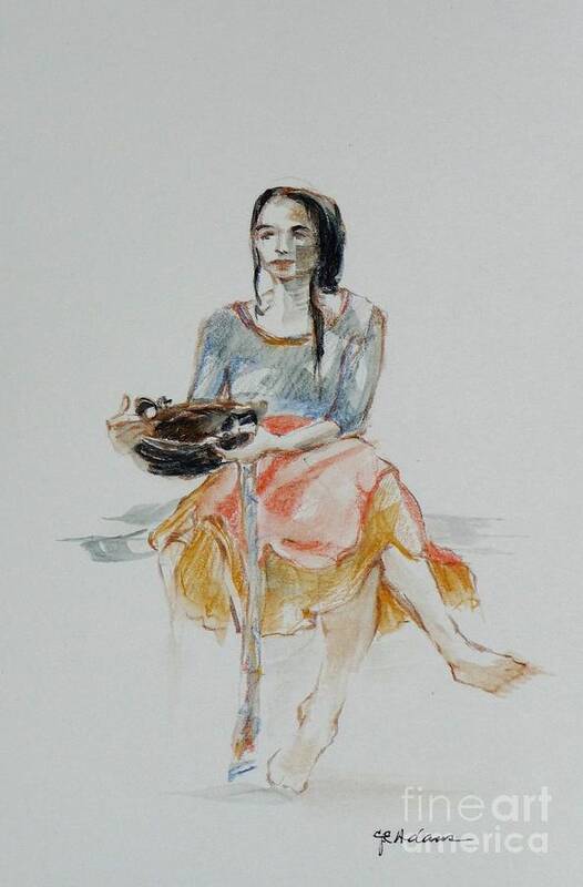 Woman Basket Skirt Barefoot Figure Drawing Poster featuring the painting Woman with Basket by Cheryl Emerson Adams