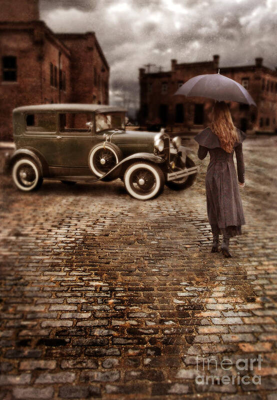 Woman Poster featuring the photograph Woman with Umbrella by Vintage Car by Jill Battaglia