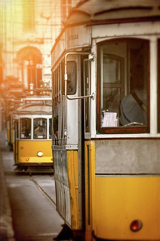 Lisbon Poster featuring the photograph Yellow Trams of Lisbon Portugal by Carol Japp