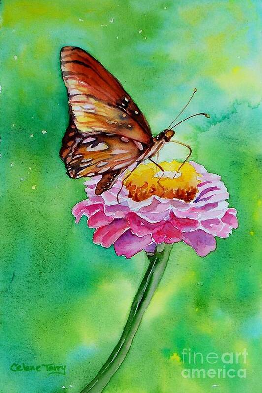 Butterfly Poster featuring the painting Zinnia Allure by Celene Terry