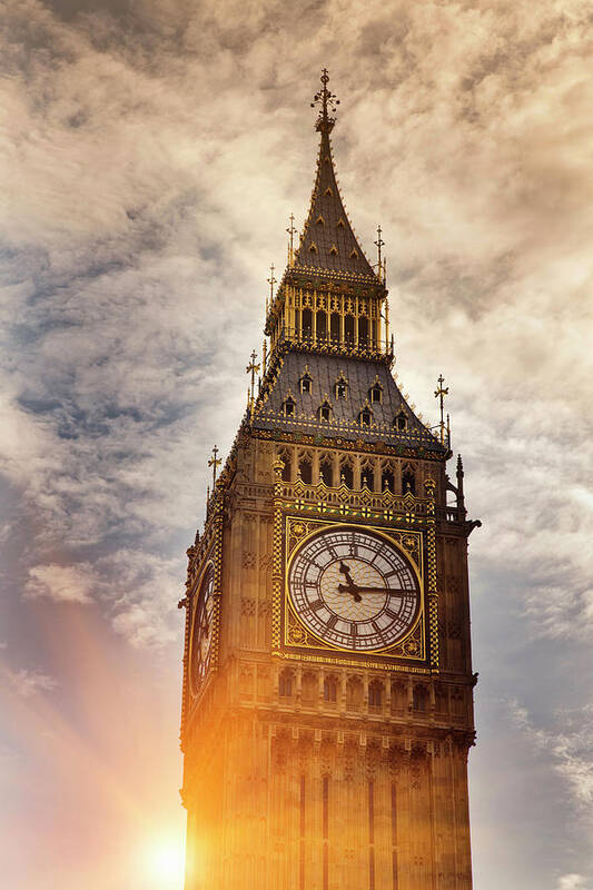 Clock Tower Poster featuring the photograph Big Ben Clock Tower In Cloudy Sky #1 by Walter Zerla