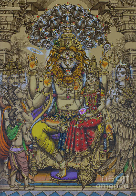 Narasimha Poster featuring the painting Lakshmi Narasimha Prahlad #2 by Vrindavan Das