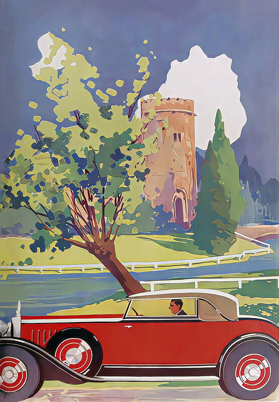 Vintage Poster featuring the mixed media 1929 Voison Coupe With Driver In Country Setting Original French Art Deco Illustration by Retrographs