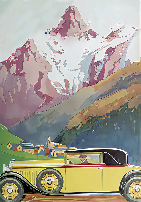 Vintage Poster featuring the mixed media 1932 Lorraine Coupe With Driver In Alpine Setting Original French Art Deco Illustration by Retrographs