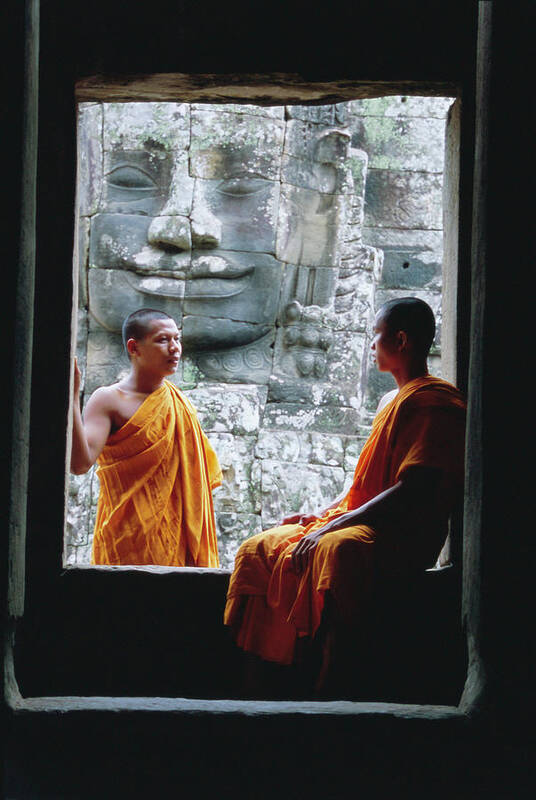 Buddhist Monks At The Bayon Temple Poster featuring the photograph 252-10082 by Robert Harding Picture Library