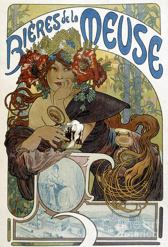 20th Century Poster featuring the drawing Advertising For The Beer Of The Meuse. Illustration Of Mucha by Alphonse Marie Mucha