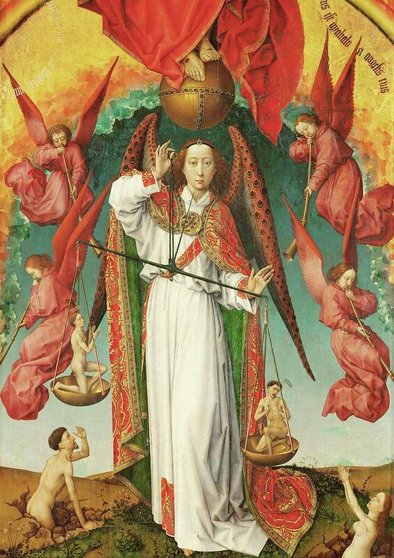 Archangel Michael Poster featuring the painting Altar of The Last Judgement, detail. The Archangel Michael weighing souls, detail. by Rogier van der Weyden -c 1399-1464-