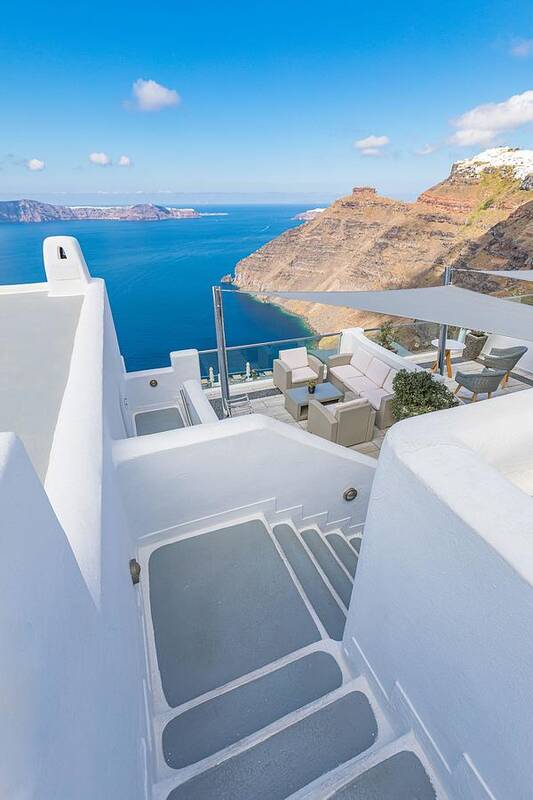 Landscape Poster featuring the photograph Amazing Landscape Of Fira, White by Levente Bodo