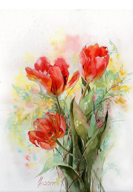 Russian Artists New Wave Poster featuring the painting Bouquet of Red Tulips by Ina Petrashkevich