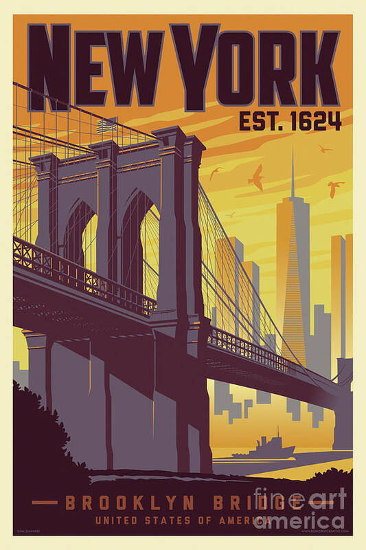 Brooklyn Poster featuring the digital art Brooklyn Bridge Poster - New York Vintage by Jim Zahniser