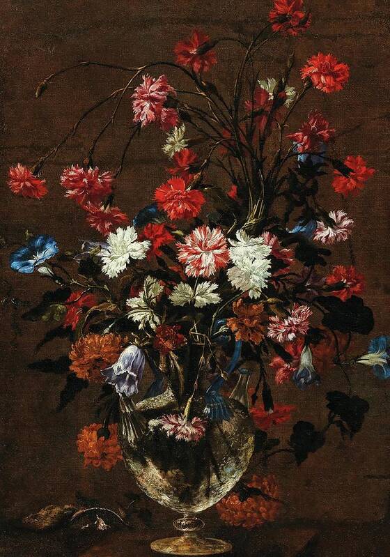 Floral Poster featuring the painting Carnations And Other Flowers In A Glass Vase by Roman School