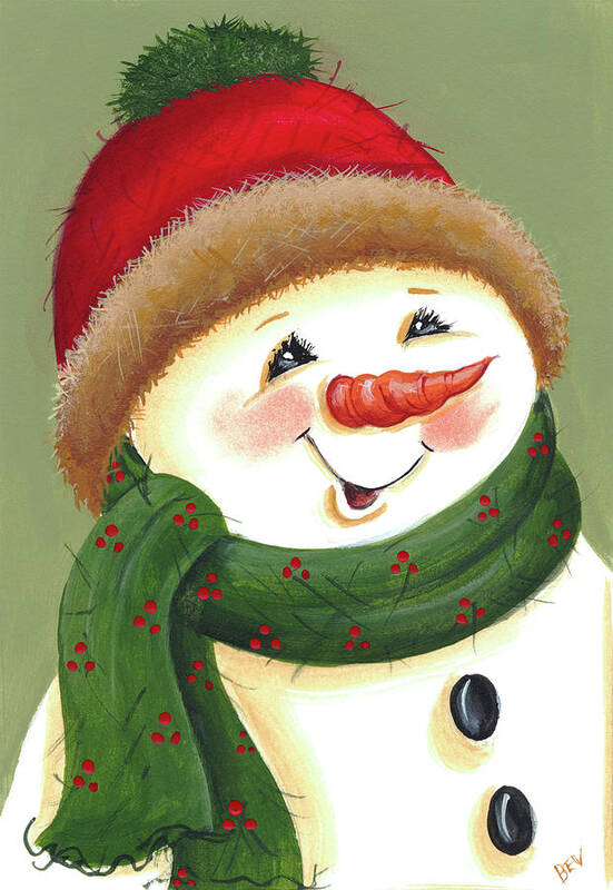 Snowman In A Red Hat And Green Scarf Poster featuring the painting Carrot Nose Snowman by Beverly Johnston