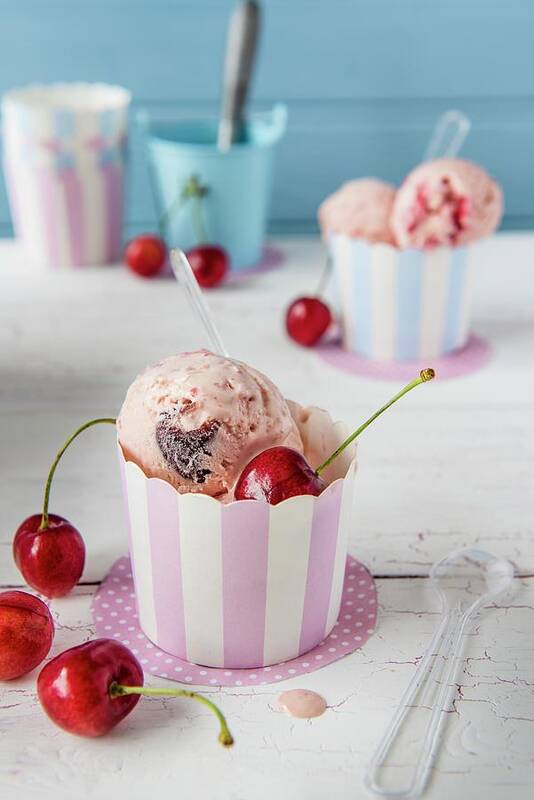 Ip_11972364 Poster featuring the photograph Cherry Ice Cream In Paper Tubs by Magdalena Hendey