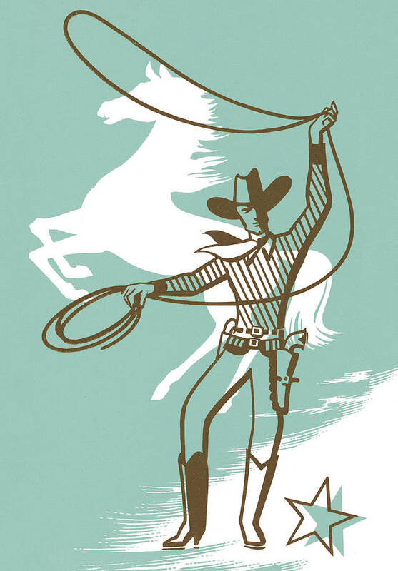 Accessories Poster featuring the drawing Cowboy With Lasso & Horse by CSA Images
