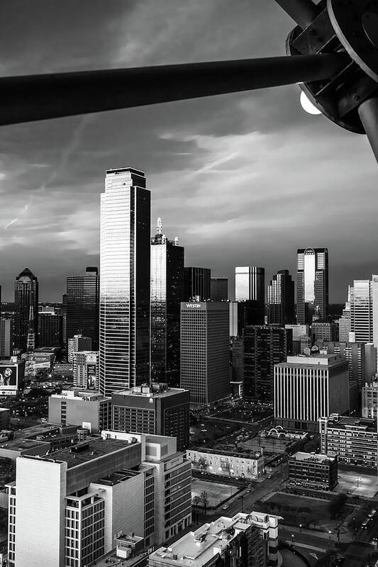 Dallas Texas Poster featuring the photograph Dallas Skyline Through Reunion Tower in Monochrome by Gregory Ballos