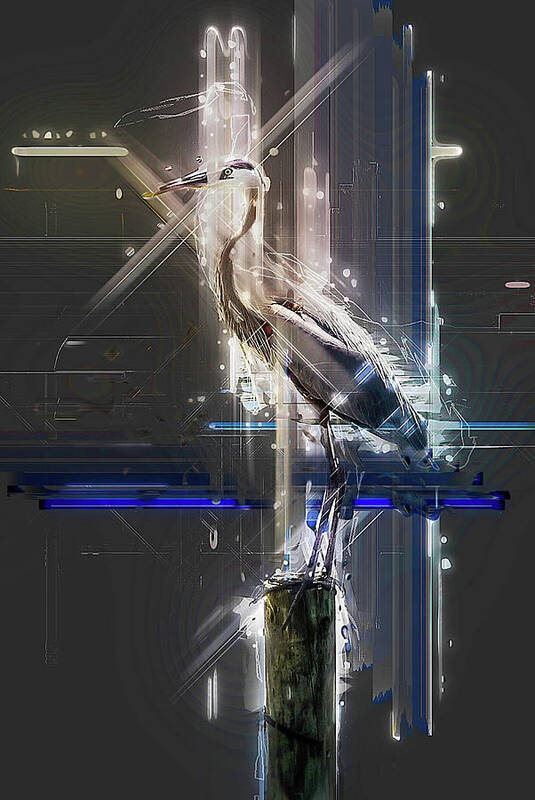 Electric Heron Poster featuring the digital art Electric Heron by Pheasant Run Gallery