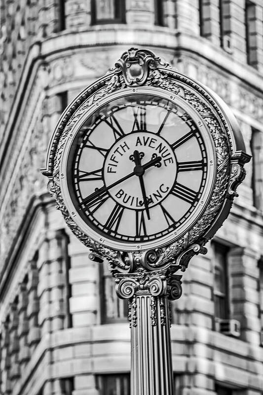 Clock Poster featuring the photograph Flatiron and Fifth Ave Clock NYC BW by Susan Candelario