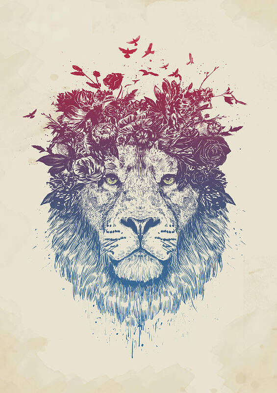Lion Poster featuring the drawing Floral lion III by Balazs Solti