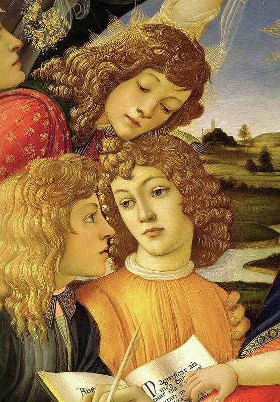 Florentine Poster featuring the painting Four angels. Detail from the Coronation of the Madonna and Child -Madonna of the Magnificat-. by Sandro Botticelli -1445-1510-