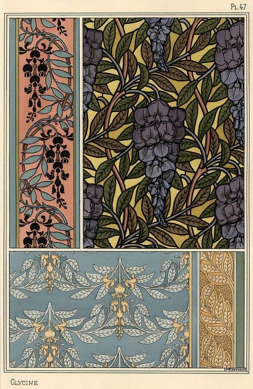 1897 Poster featuring the drawing Glycine in art nouveau patterns for stained glass, fabric and wallpaper. Lithograph by M.P.Verneuil. by Album