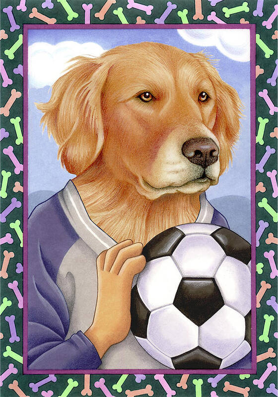 Golden Retriever Soccer Ball Poster featuring the mixed media Golden Retriever Soccer Ball by Tomoyo Pitcher