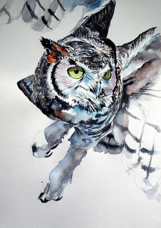 Great Horned Owl Poster featuring the painting Great horned owl F by Kovacs Anna Brigitta