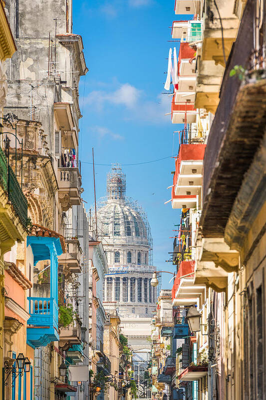 Landscape Poster featuring the photograph Havana, Cuba Alley And Capitolio by Sean Pavone