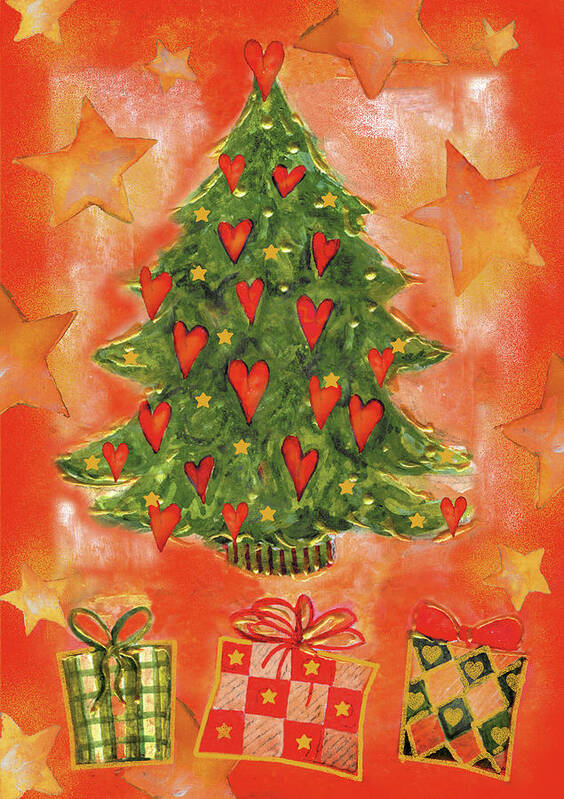 Christmas Tree Decorated With Hearts With Presents Underneath It. Poster featuring the painting Is Tree 02 by Maria Trad