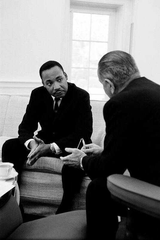 Archival Poster featuring the photograph (L-R) Civil Right leader Dr. Martin Luther King speaking w. President Lyndon Johnson during a visit to the White House. by Stan Wayman