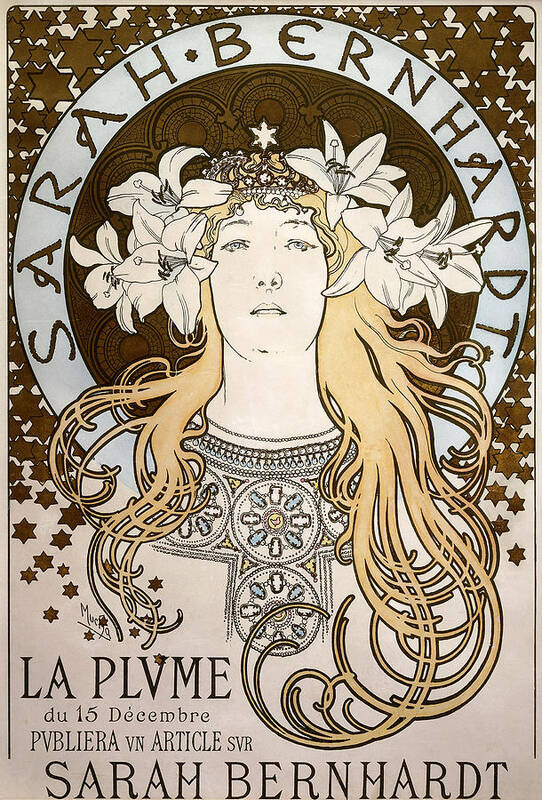 Mucha Poster featuring the drawing La Plume, Featuring Sarah Bernhardt, 1896 by Alphonse Marie Mucha