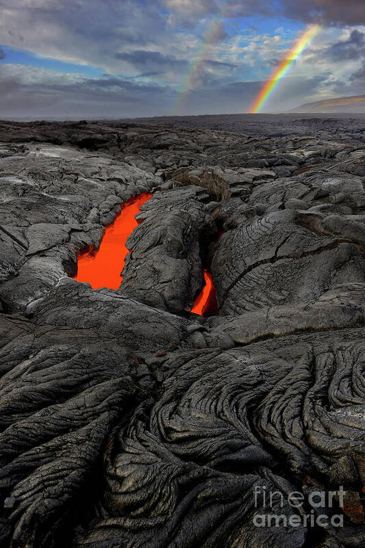 Kilauea Poster featuring the photograph Red Hot Lava and Rainbow in Hawaii Volcanoes National Park by Tom Schwabel