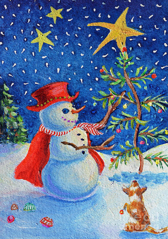 Snow Snowman Snowmen Winter Snow Snowy Star Stars Dog Puppy Pines Christmas Xmas Holiday Holidays Poster featuring the painting Lonely Star by Li Newton