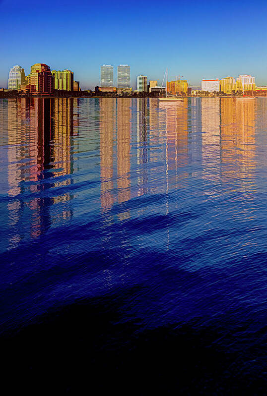 Boats Poster featuring the photograph Long Reflections of Downtown West Palm Beach Abstract Painting by Debra and Dave Vanderlaan