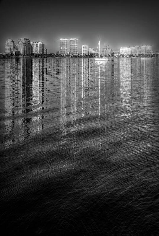 Boats Poster featuring the photograph Long Reflections of Downtown West Palm Beach in Radiant Black an by Debra and Dave Vanderlaan