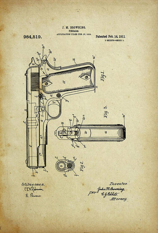 Firearm Poster featuring the digital art M1911 Browning Pistol Patent by Pheasant Run Gallery
