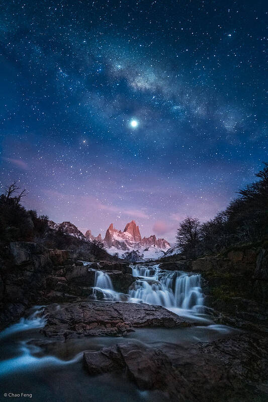 Night;galaxy;mountain;falls;water;sunrise;patagonia;fitzroy;milkyway;stars Poster featuring the photograph Mt. Fitz Roy At Dawn by Chao Feng