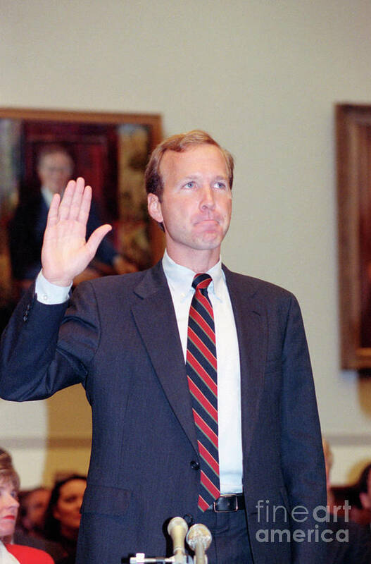 Hand Raised Poster featuring the photograph Neil Bush Being Sworn by Bettmann