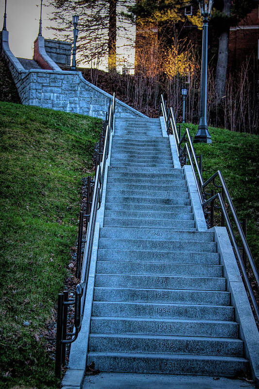 Centennial Stairs Poster featuring the photograph Norwich University Centennial stairs with Dates by Jeff Folger