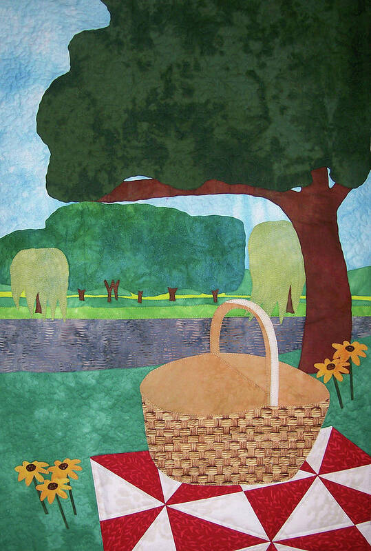 Art Quilt Poster featuring the tapestry - textile Picnic at Ellis Pond by Pam Geisel