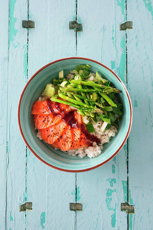 Ip_12440487 Poster featuring the photograph Poke Bowl With Salmon Sashimi, Sushi Rice, Bok Choy And Thai Asparagus hawaii by Jan Wischnewski