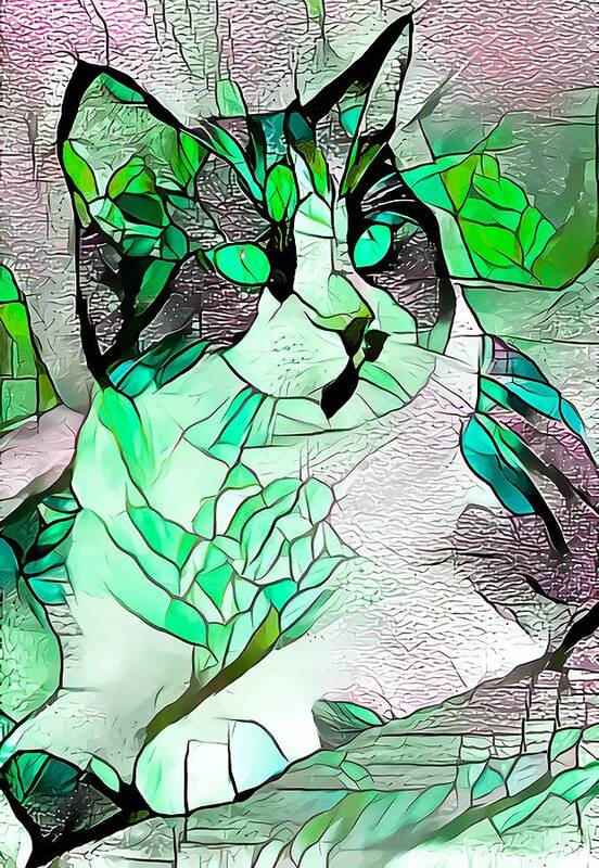 Stained Glass Poster featuring the digital art Pondering Green Tuxedo Cat by Don Northup