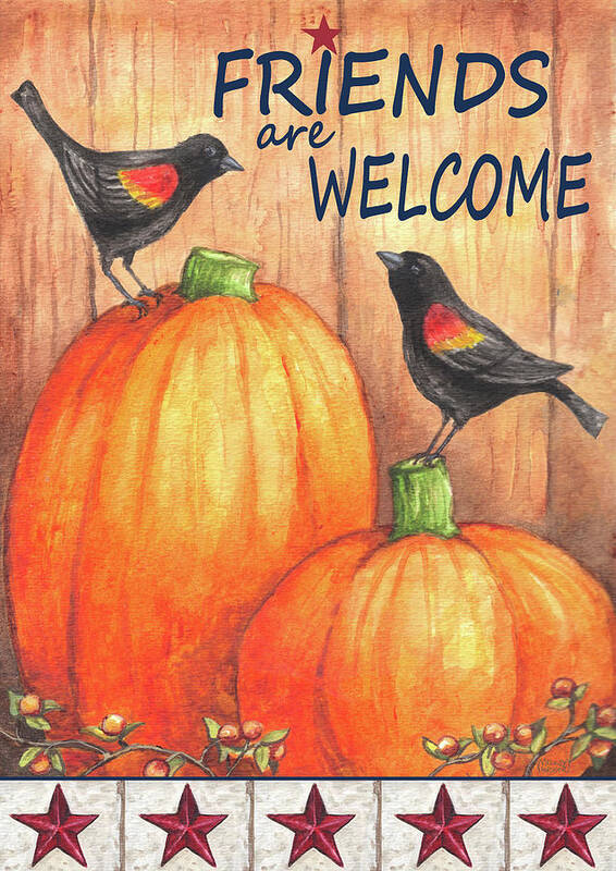 Pumpkin Blackbird Friends Welcome Poster featuring the painting Pumpkin Blackbird Friends Welcome by Melinda Hipsher