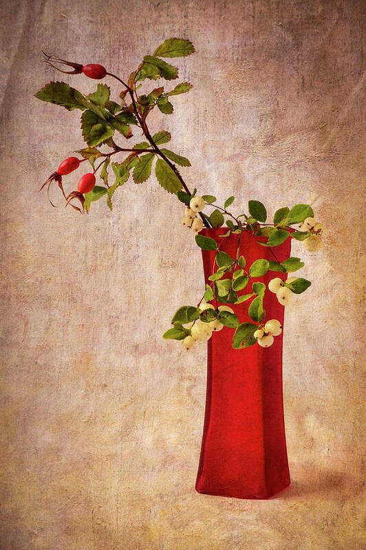 Red Poster featuring the photograph Red Vase with Wild Rosehips and Berries by Mary Lee Dereske