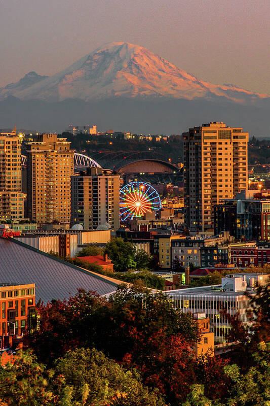 Autumn Poster featuring the photograph Seattle Icons at Sunset by Emerita Wheeling