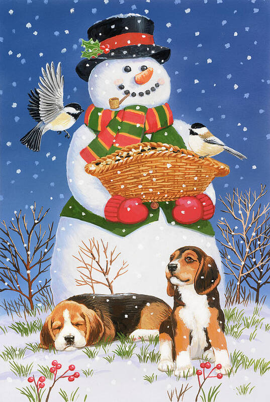 Snowman Poster featuring the painting Snowman, Birds And Beagles by William Vanderdasson