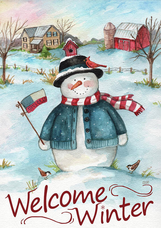Snowman Farm Scene Welcome Winter Poster featuring the painting Snowman Farm Scene Welcome Winter by Melinda Hipsher
