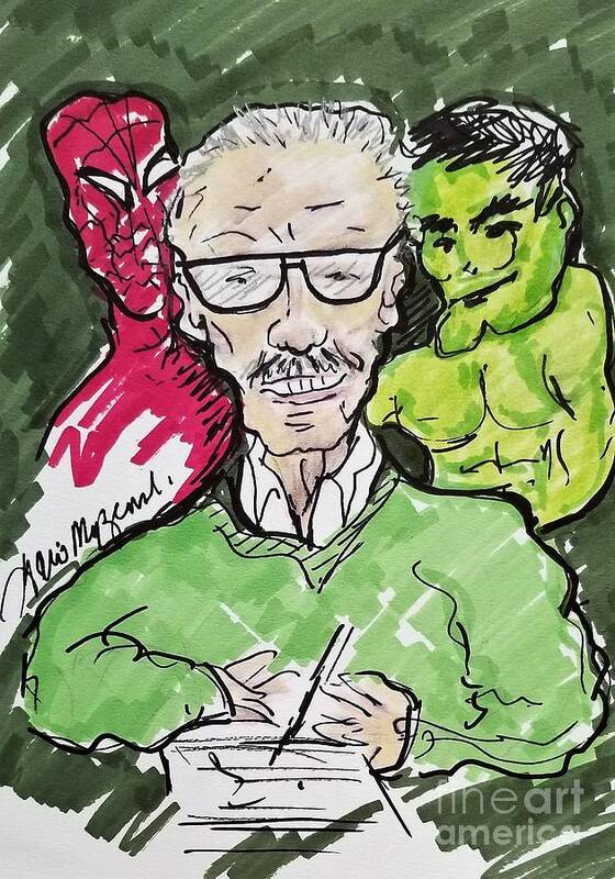 Stan Lee Poster featuring the mixed media Stan Lee Incredible Hulk And Spiderman by Geraldine Myszenski
