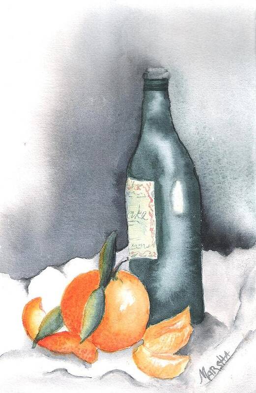 Watercolor Painting Orange Bottle Wine Fruit Gray Gift Card Wall Art Cards Prints Poster featuring the painting Still Life with Orange by Marsha Woods